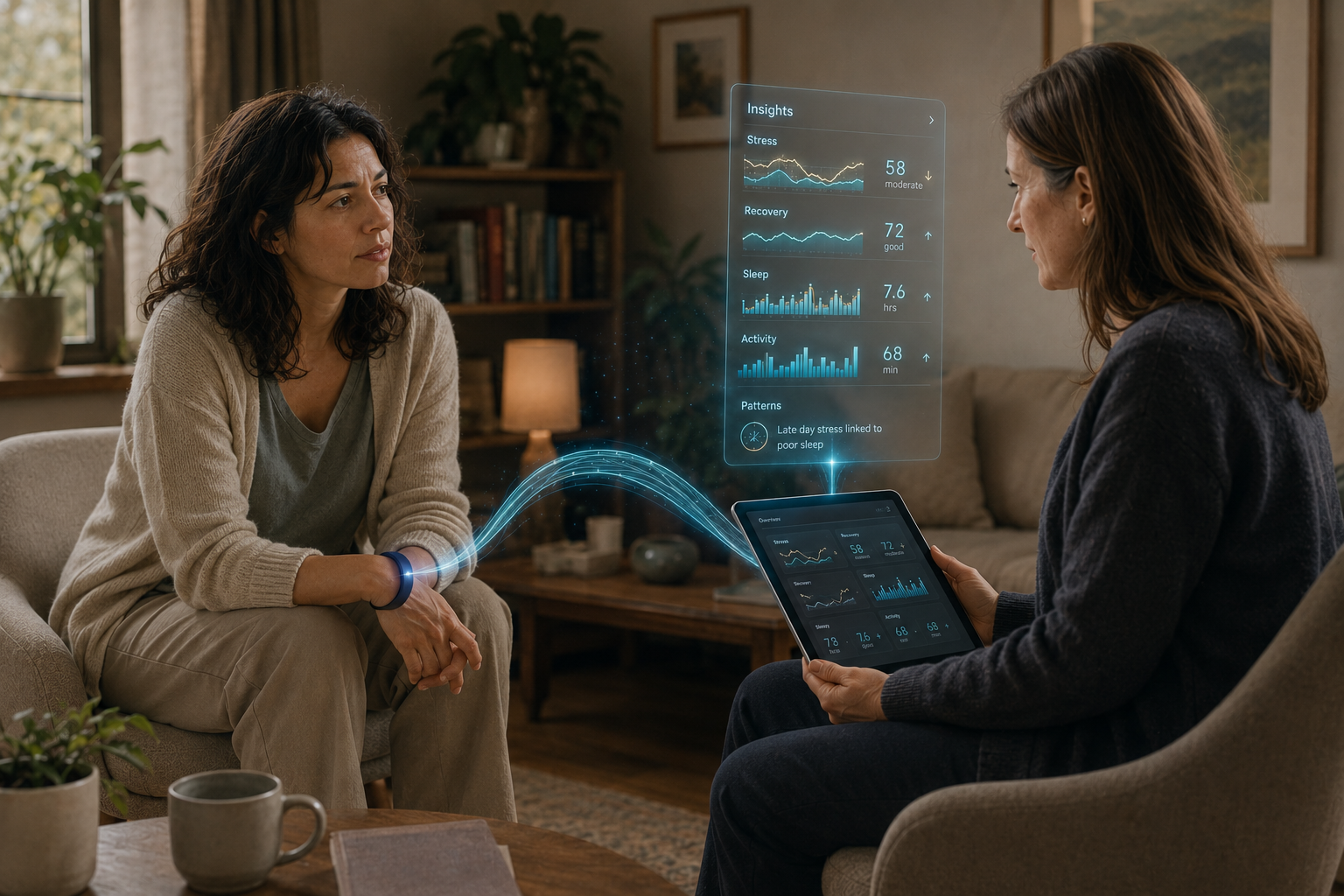 Somatic therapist and client with wearable monitoring devices